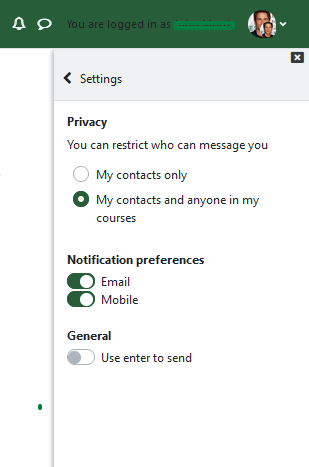 settings page in messaging
